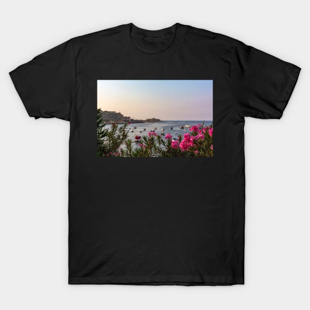 Pink Nerium oleander flowers against Malta's Bay T-Shirt by lena-maximova